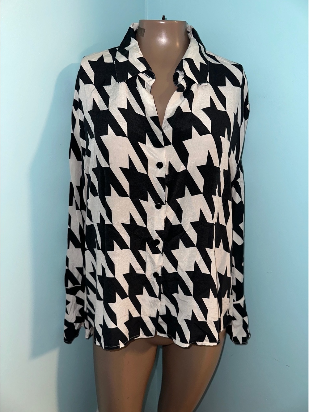 Vintage Spenser Jeremy Houndstooth Art to Wear Button Up 100% Silk blouse XL